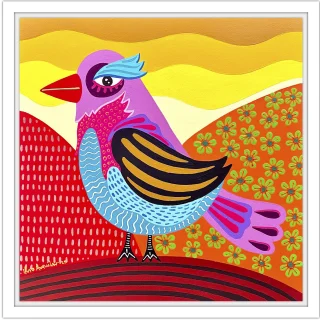 Feathers, flair, and a world of color - these striking birds have landed at Pez Gordo.
Mixed media on wood, framed.
21 x 21 in.
Hugo A.
