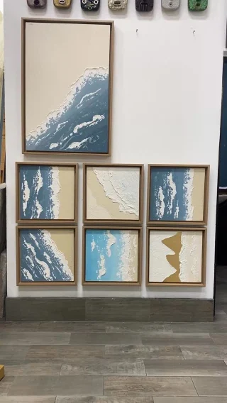 Textures of the sea, held in canvas.
Mixed media works inspired by the ocean by Macarena M.

Bahia de Lado & Bahia de Frente
26 x 38 in.

Oleaje I, II & III
8 x 8 in. Each